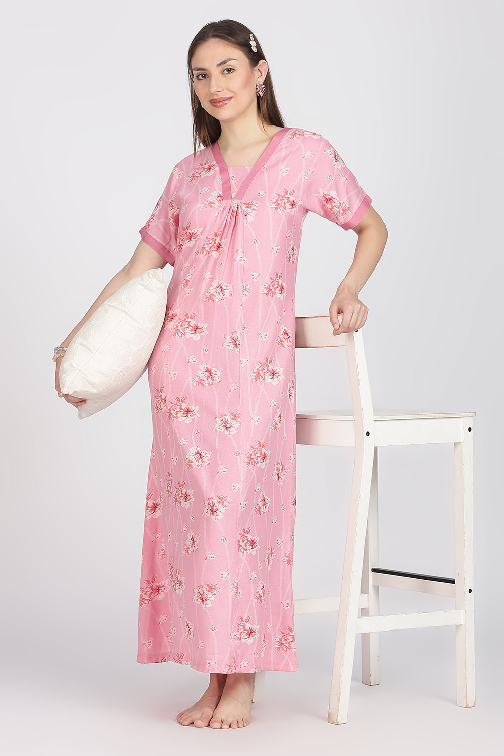 Naidu Hall Women’s Alpine Printed Cotton Nighty | Full-Length V-Neck Daily Wear & Sleepwear Nightdress
 - NB18