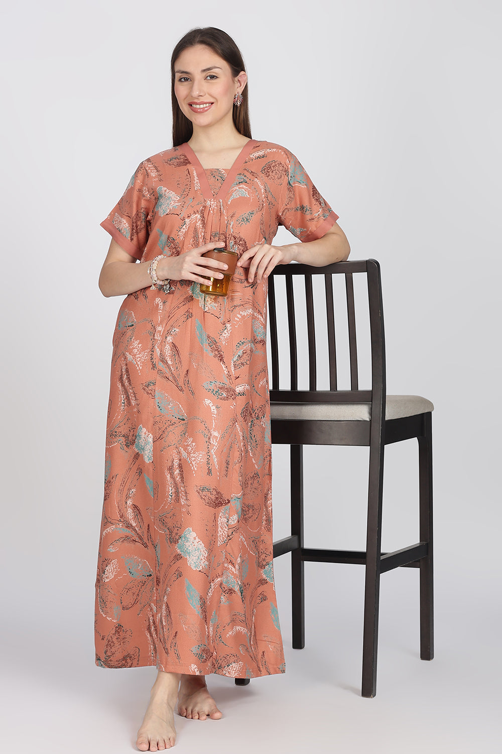 Naidu Hall Women’s Alpine Printed Cotton Nighty | Full-Length V-Neck Daily Wear & Sleepwear Nightdress
 - NB19