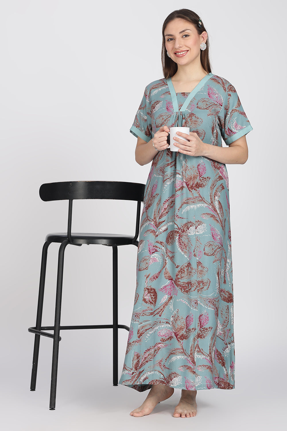 Naidu Hall Women’s Alpine Printed Cotton Nighty | Full-Length V-Neck Daily Wear & Sleepwear Nightdress
 - NB19