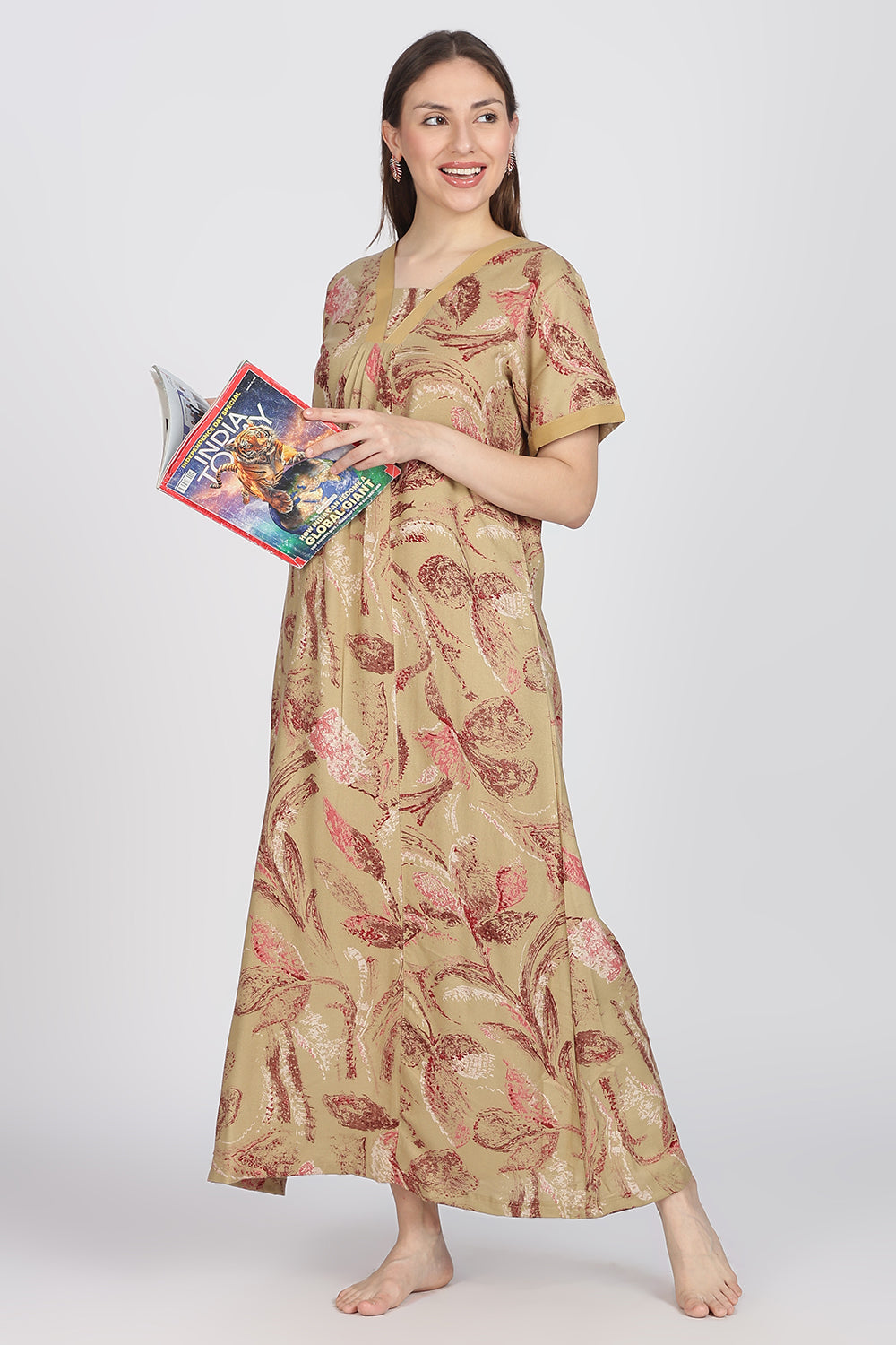 Naidu Hall Women’s Alpine Printed Cotton Nighty | Full-Length V-Neck Daily Wear & Sleepwear Nightdress
 - NB19