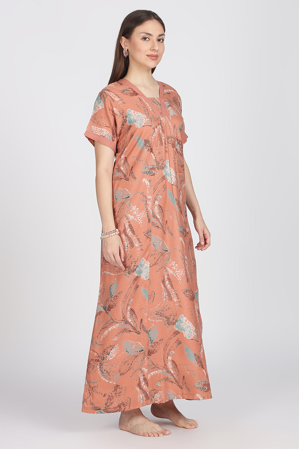 Naidu Hall Women’s Alpine Printed Cotton Nighty | Full-Length V-Neck Daily Wear & Sleepwear Nightdress
 - NB19