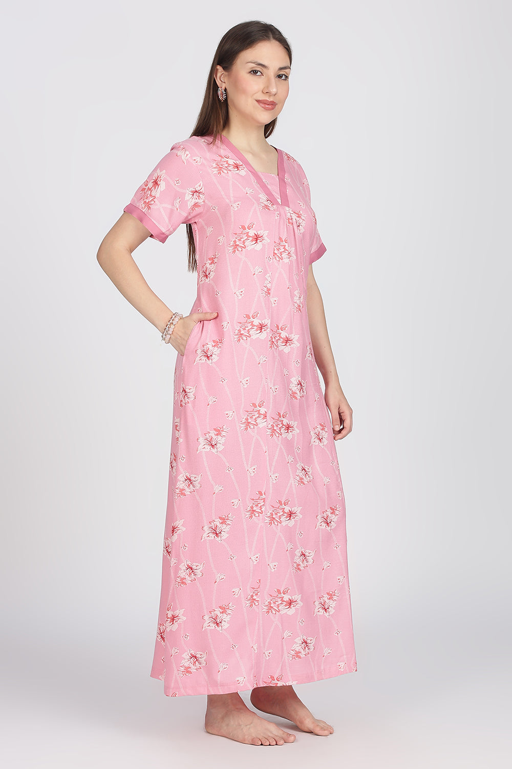 Naidu Hall Women’s Alpine Printed Cotton Nighty | Full-Length V-Neck Daily Wear & Sleepwear Nightdress
 - NB18