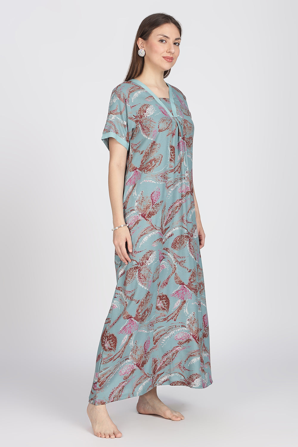 Naidu Hall Women’s Alpine Printed Cotton Nighty | Full-Length V-Neck Daily Wear & Sleepwear Nightdress
 - NB19