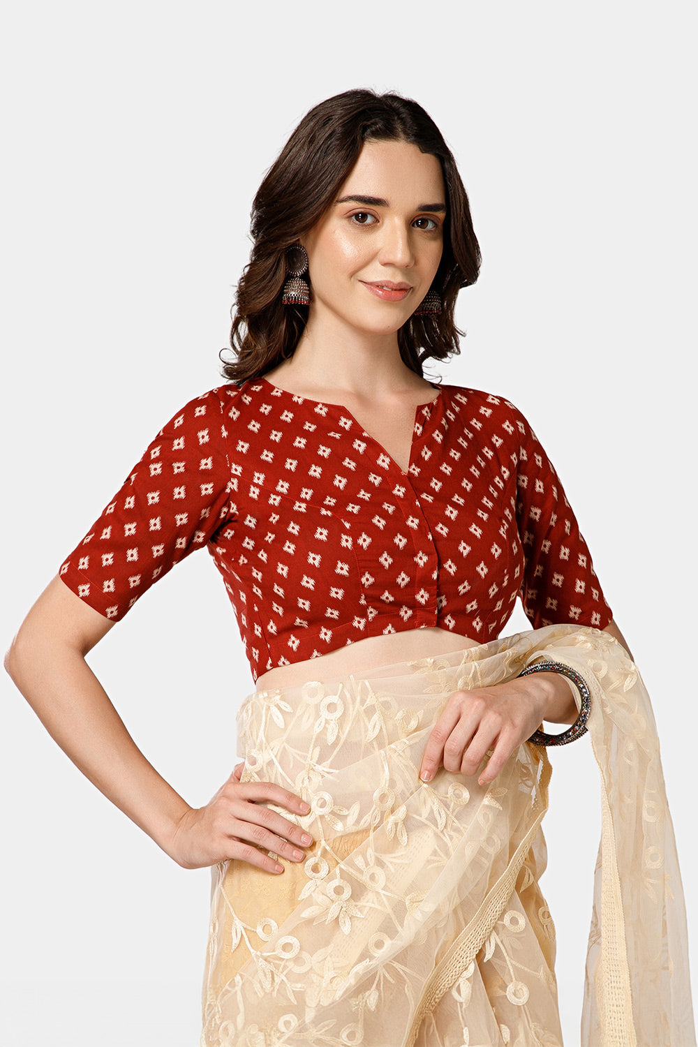 Naidu Hall Women’s Block Printed Jaipur Cotton Blouse | Patchwork Detail, U-Neck Notch, 3/4th Sleeves - BU24