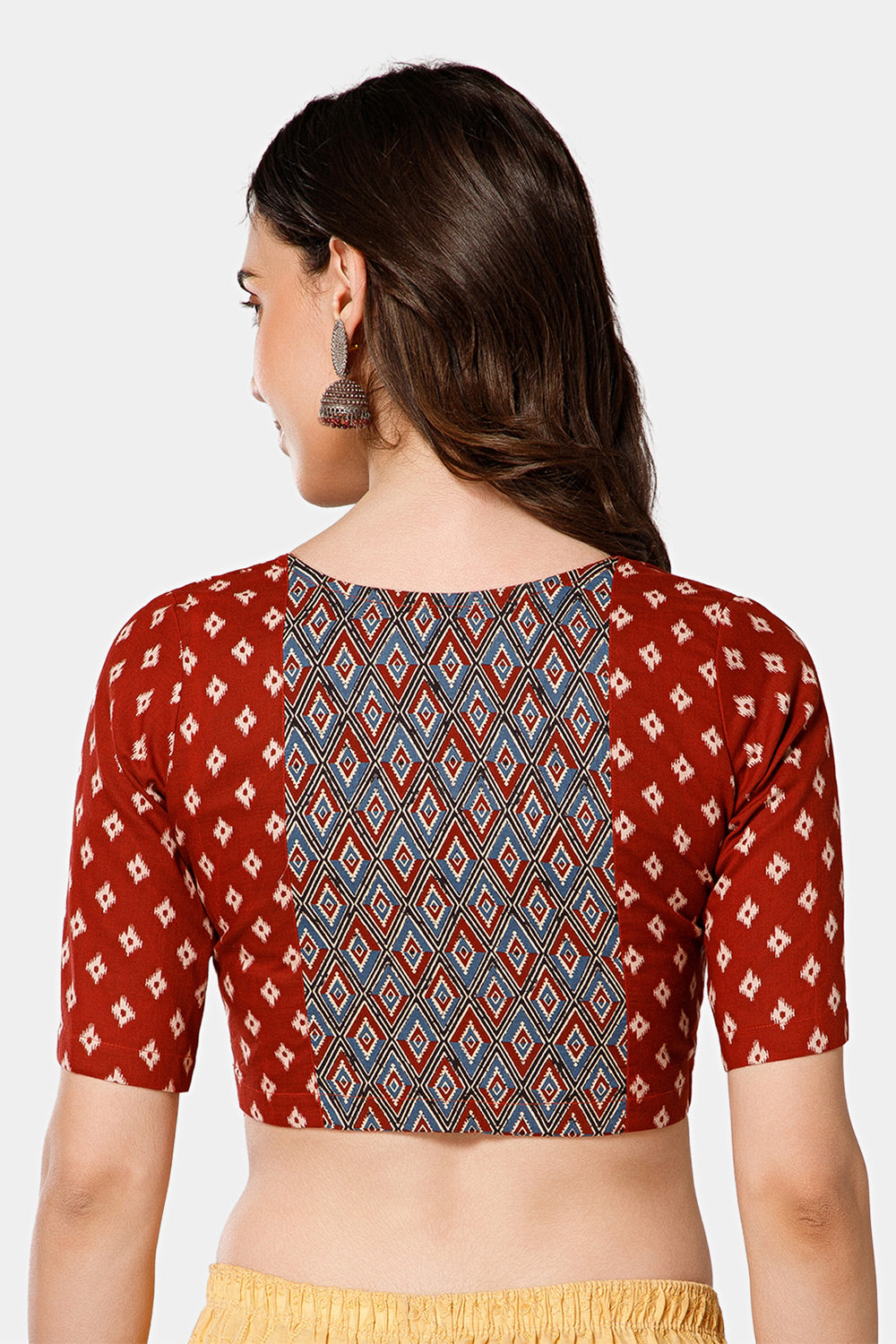 Naidu Hall Women’s Block Printed Jaipur Cotton Blouse | Patchwork Detail, U-Neck Notch, 3/4th Sleeves - BU24