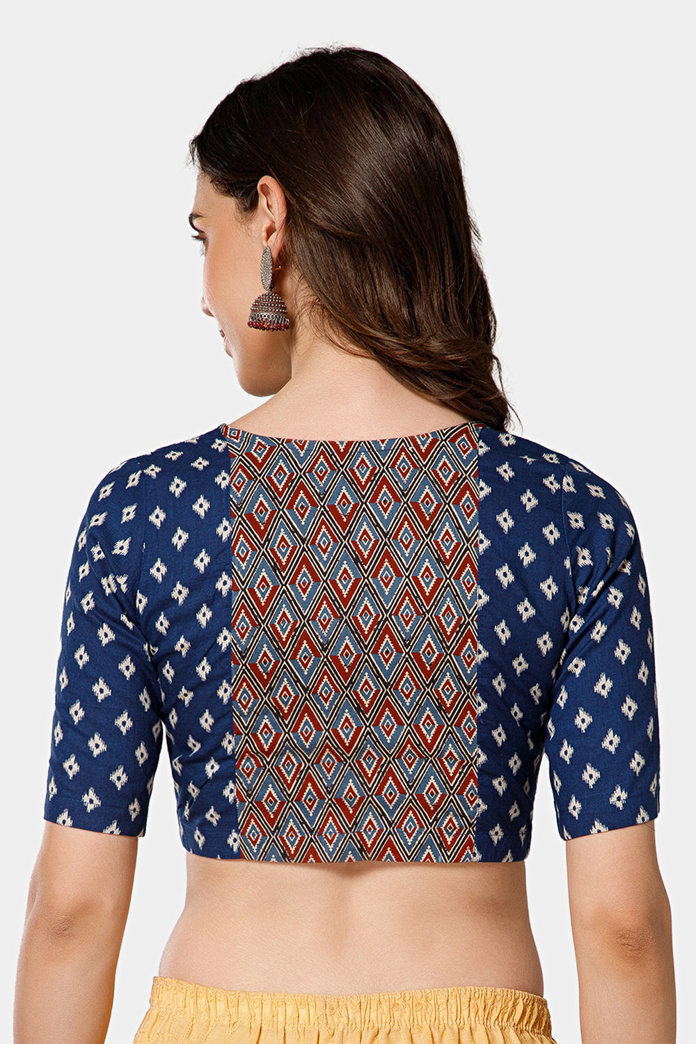 Naidu Hall Women’s Block Printed Jaipur Cotton Blouse | Patchwork Detail, U-Neck Notch, 3/4th Sleeves - BU24