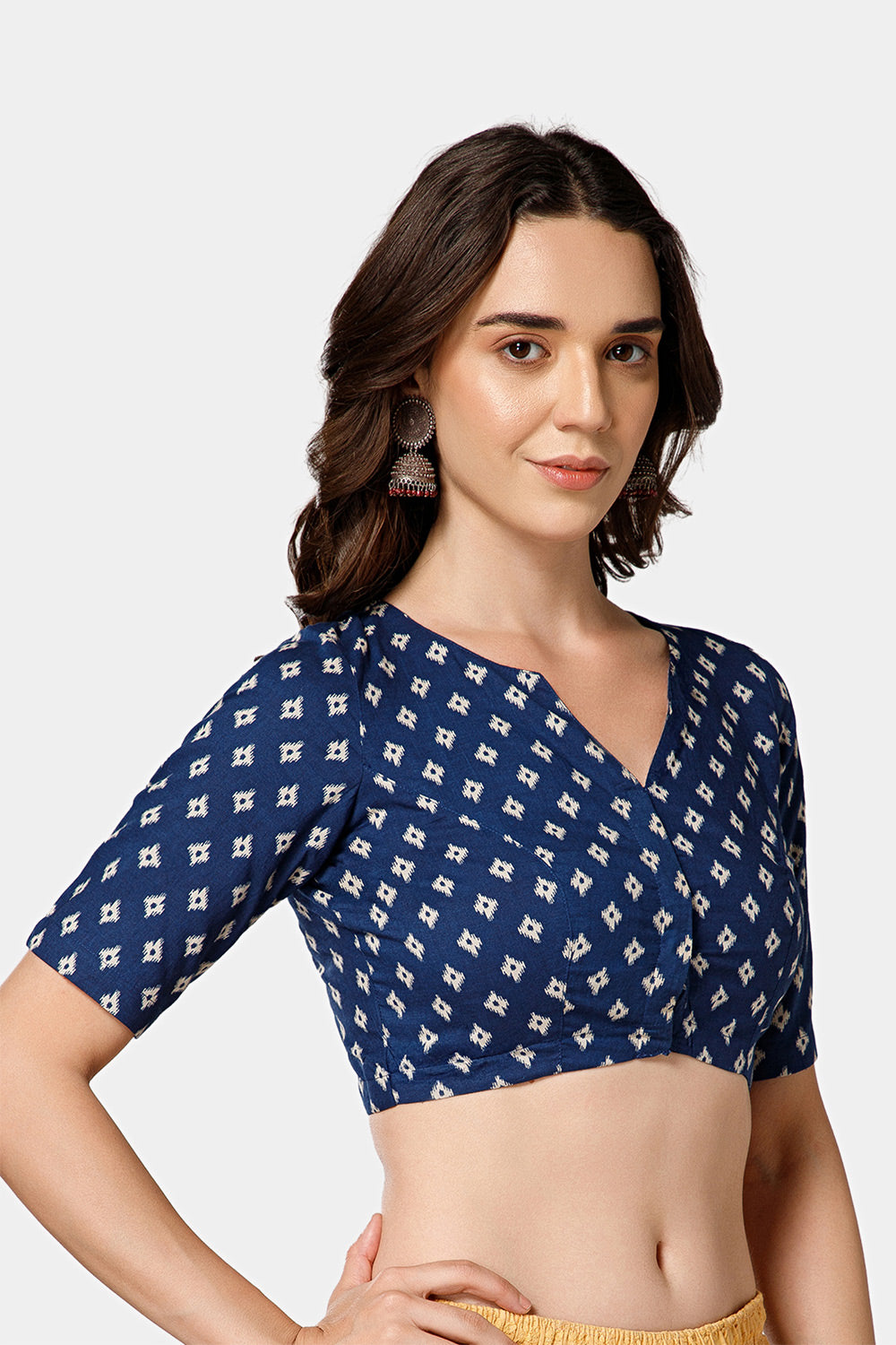 Naidu Hall Women’s Block Printed Jaipur Cotton Blouse | Patchwork Detail, U-Neck Notch, 3/4th Sleeves - BU24