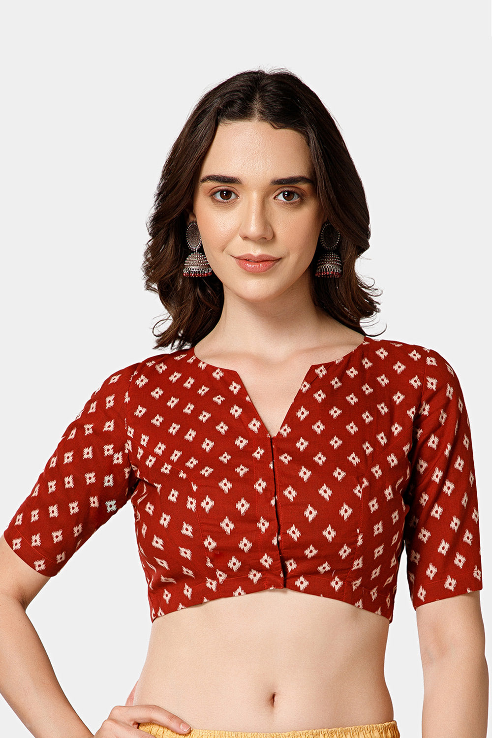 Naidu Hall Women’s Block Printed Jaipur Cotton Blouse | Patchwork Detail, U-Neck Notch, 3/4th Sleeves - BU24