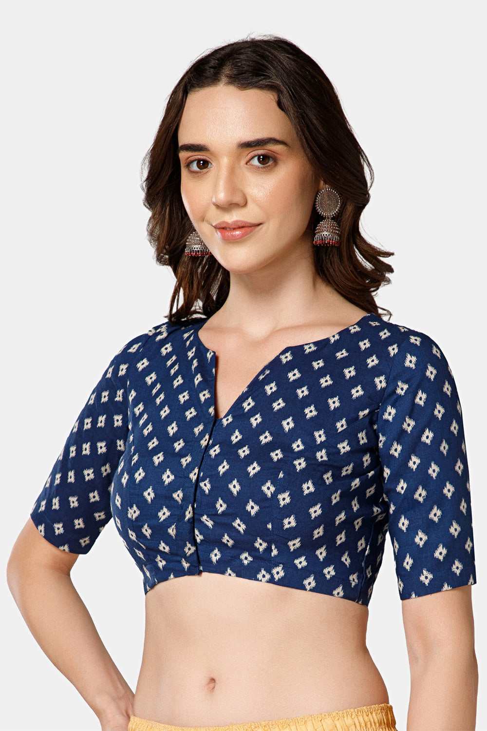 Naidu Hall Women’s Block Printed Jaipur Cotton Blouse | Patchwork Detail, U-Neck Notch, 3/4th Sleeves - BU24