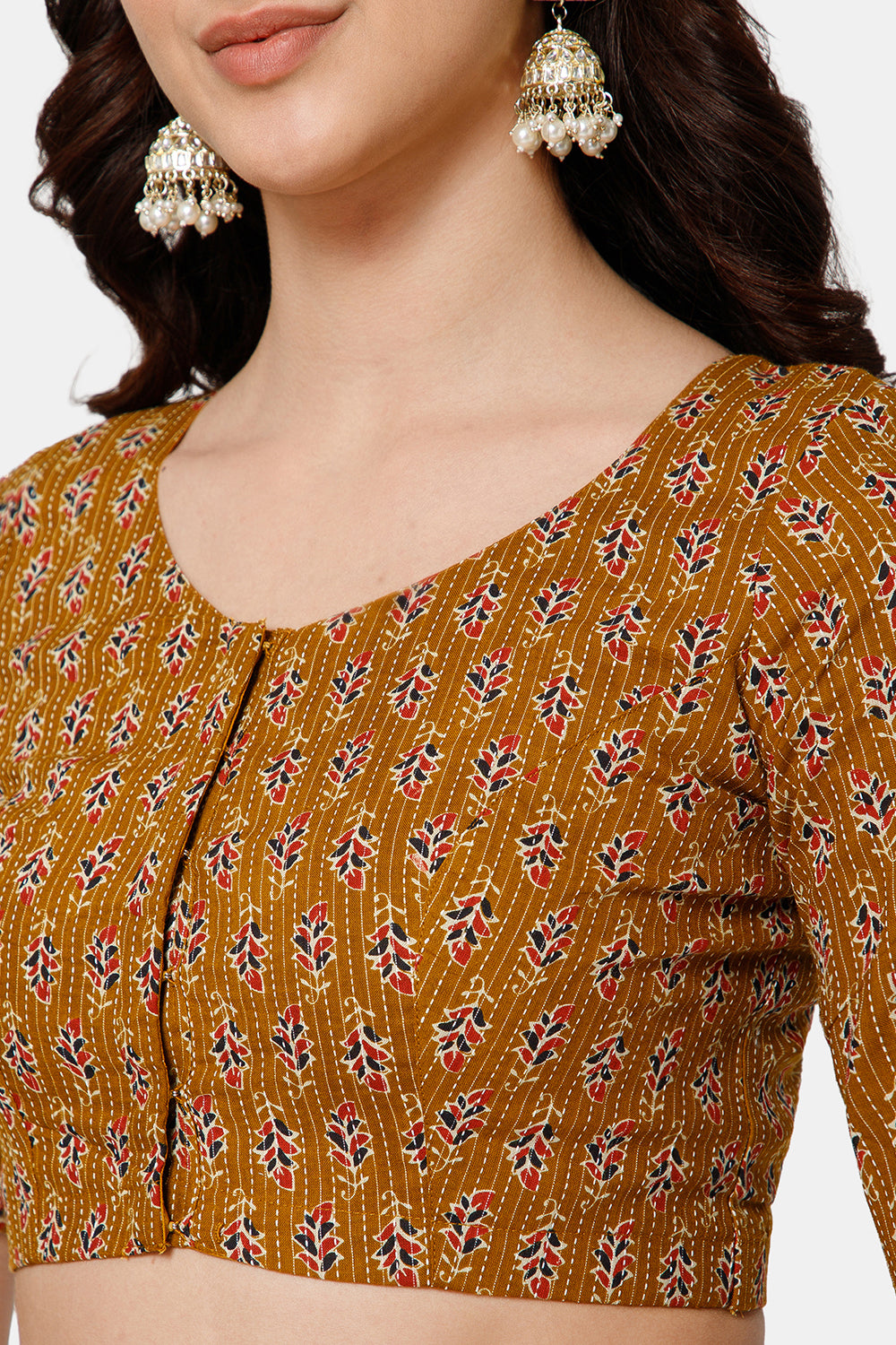 Naidu Hall Women’s Brocade Blouse – Princess Cut Front Open Cotton Blouse with Patchwork Back | Ethnic Wear Blouse - Mustard - BU27