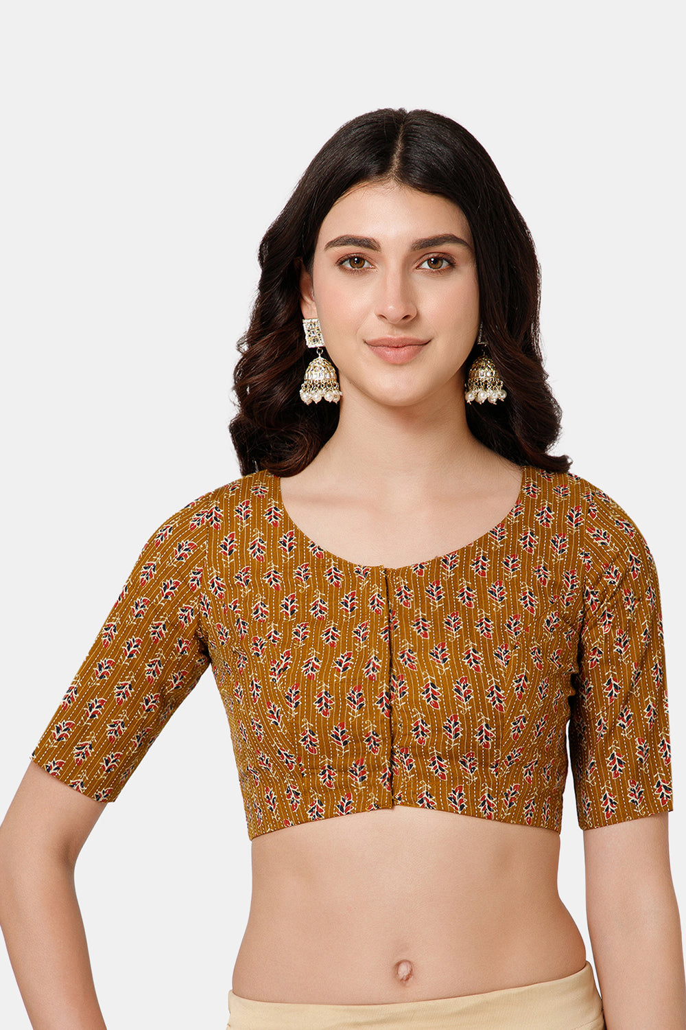 Naidu Hall Women’s Brocade Blouse – Princess Cut Front Open Cotton Blouse with Patchwork Back | Ethnic Wear Blouse - Mustard - BU27