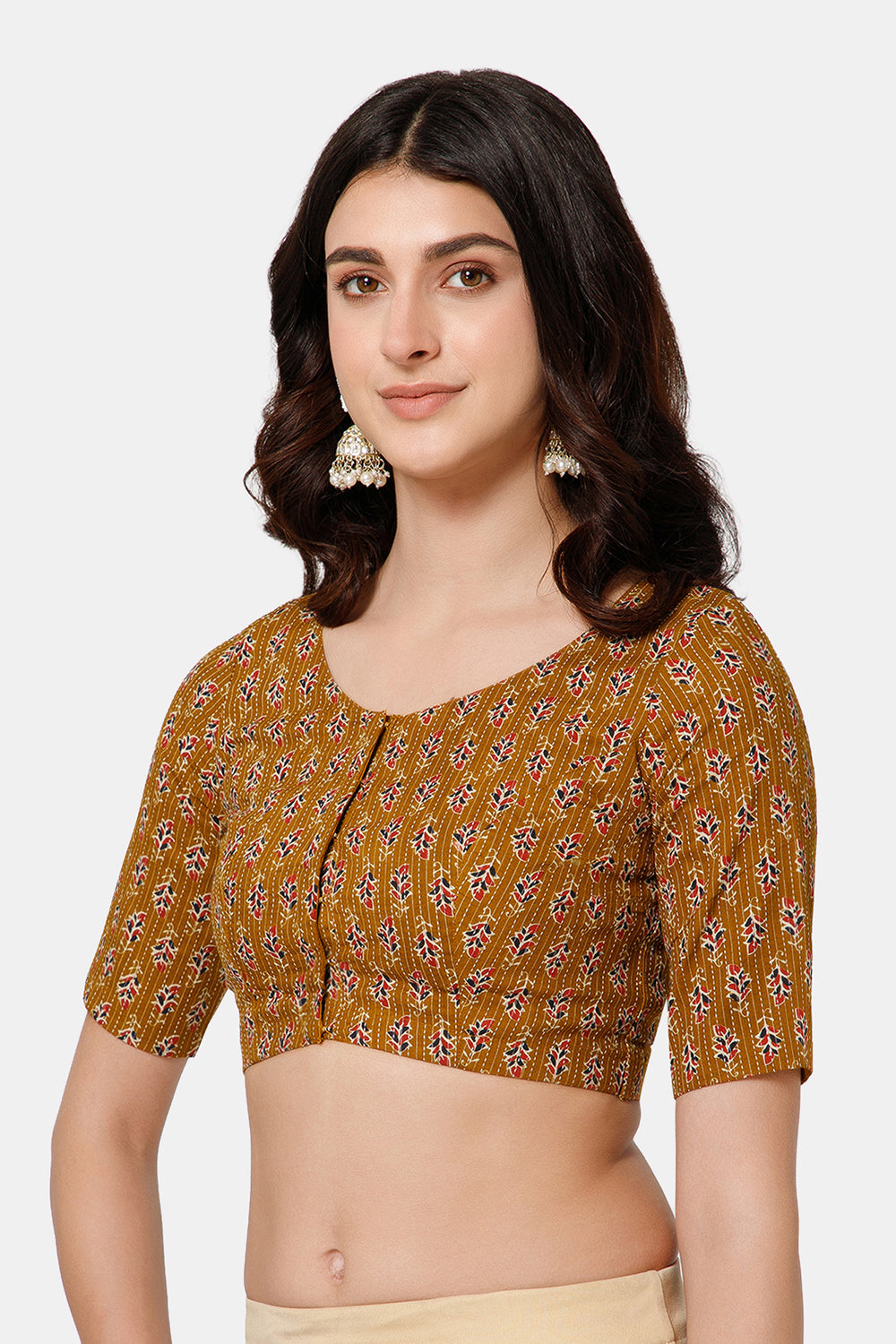 Naidu Hall Women’s Brocade Blouse – Princess Cut Front Open Cotton Blouse with Patchwork Back | Ethnic Wear Blouse - Mustard - BU27