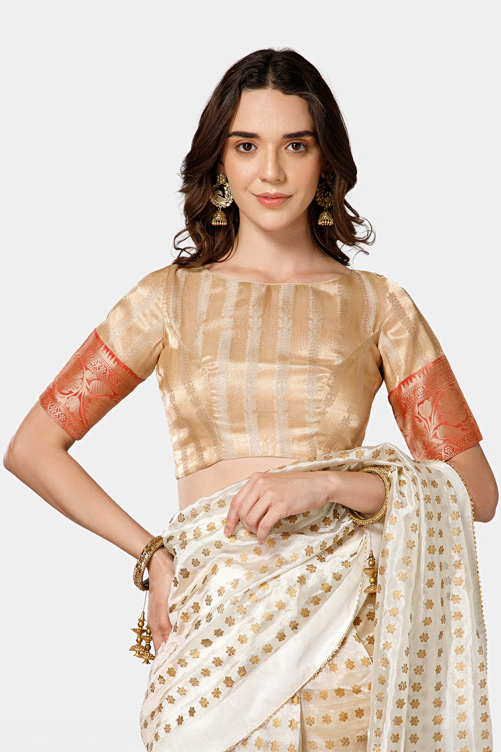 Naidu Hall Women’s Brocade Boat Neck Blouse | Princess Cut, 3/4th Sleeves, Back Open Designer Blouse - BU25