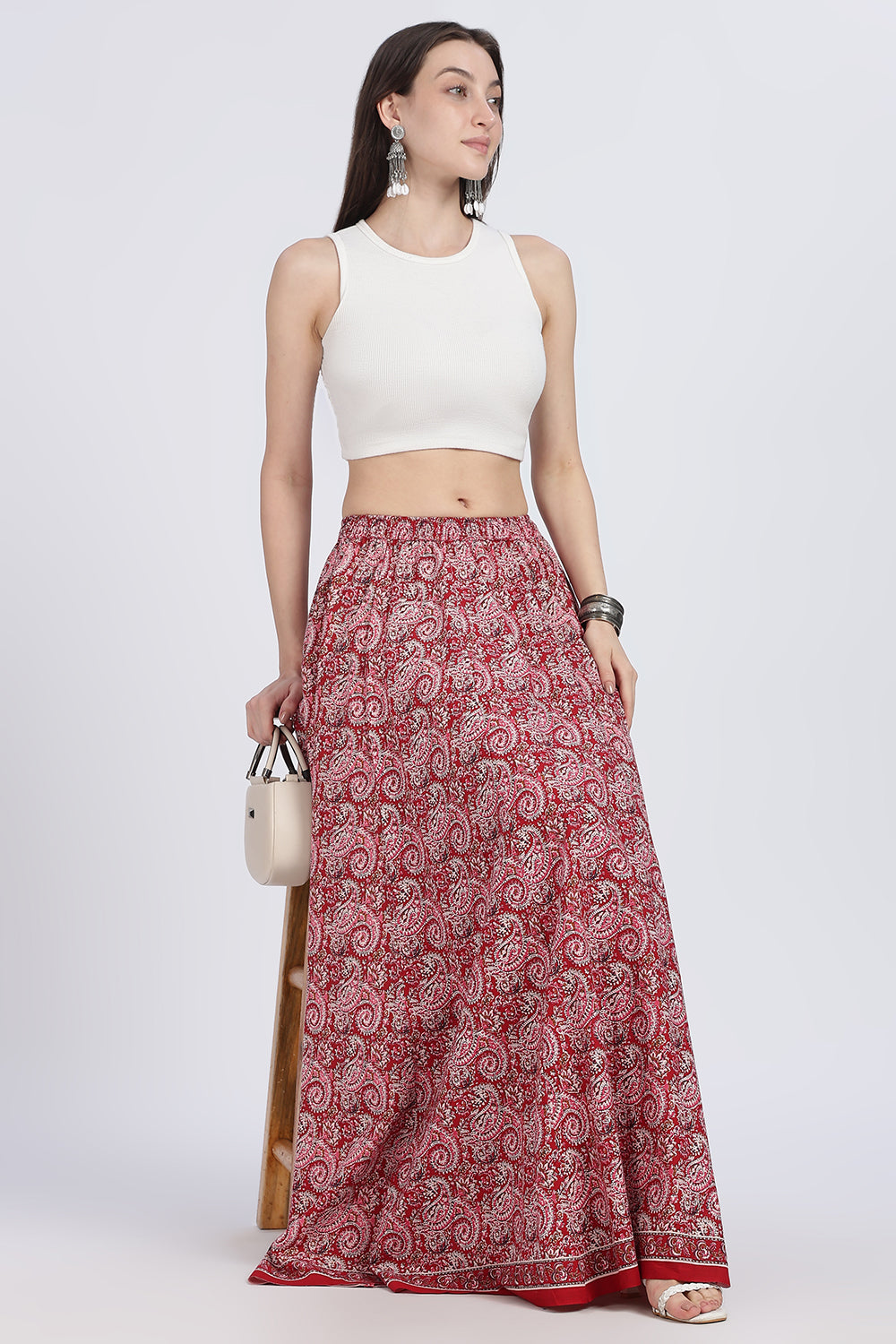 Mythri Women’s Full-Length Cotton Blend Kali Skirt | Elastic Waist, Jaipur Print, Flared Fit - Red - SK05