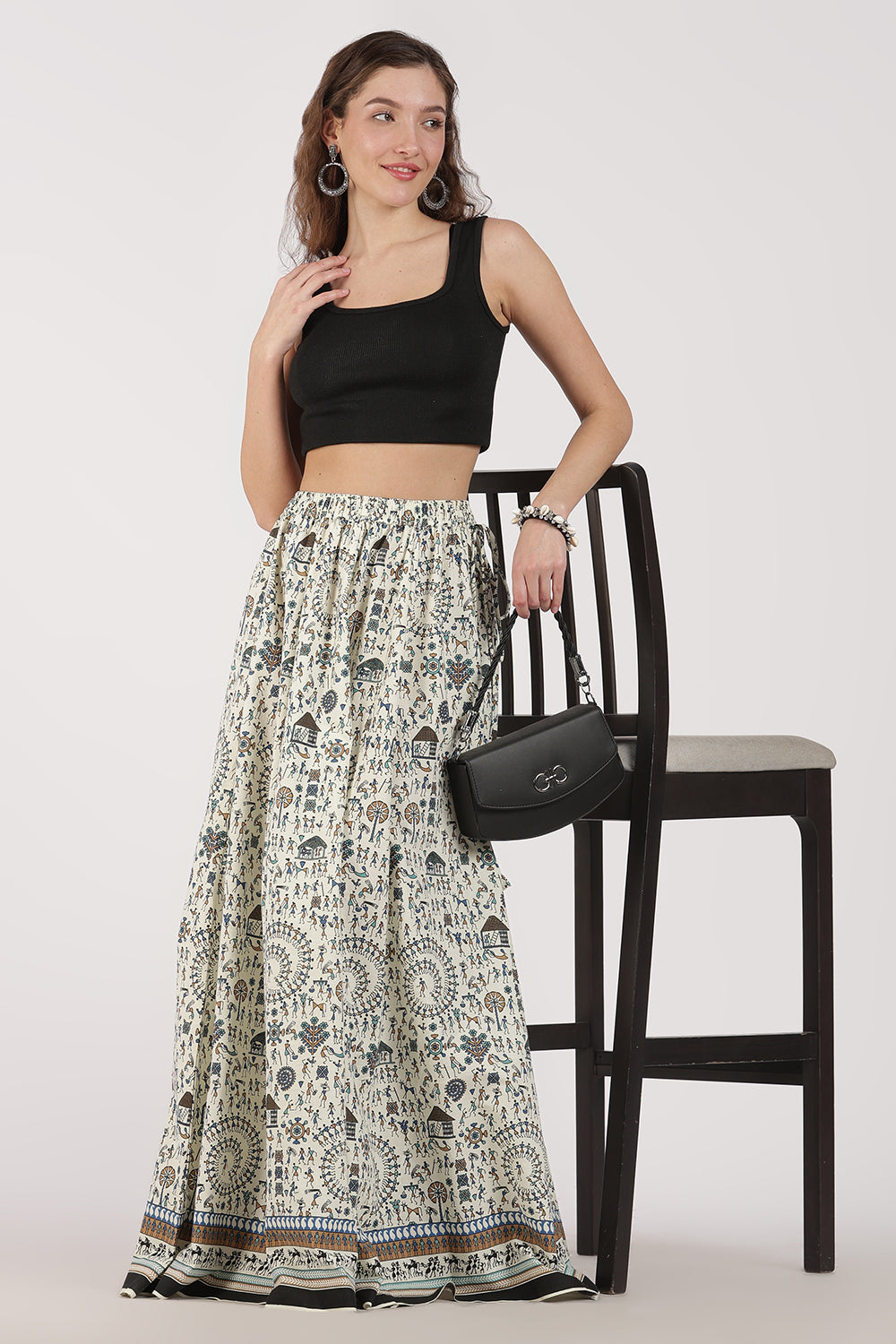 Mythri Women’s Cotton Blend Long Skirt with Tassels | Jaipur Print, Elastic Waist, Flared Fit - Blue Print - SK10