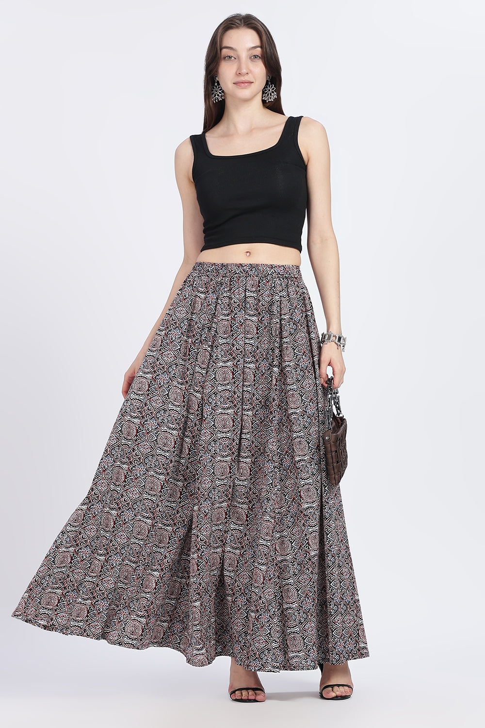 Mythri Women’s Full-Length Cotton Blend Kali Skirt | Elastic Waist, Jaipur Print, Flared Fit - Black 2 - SK05