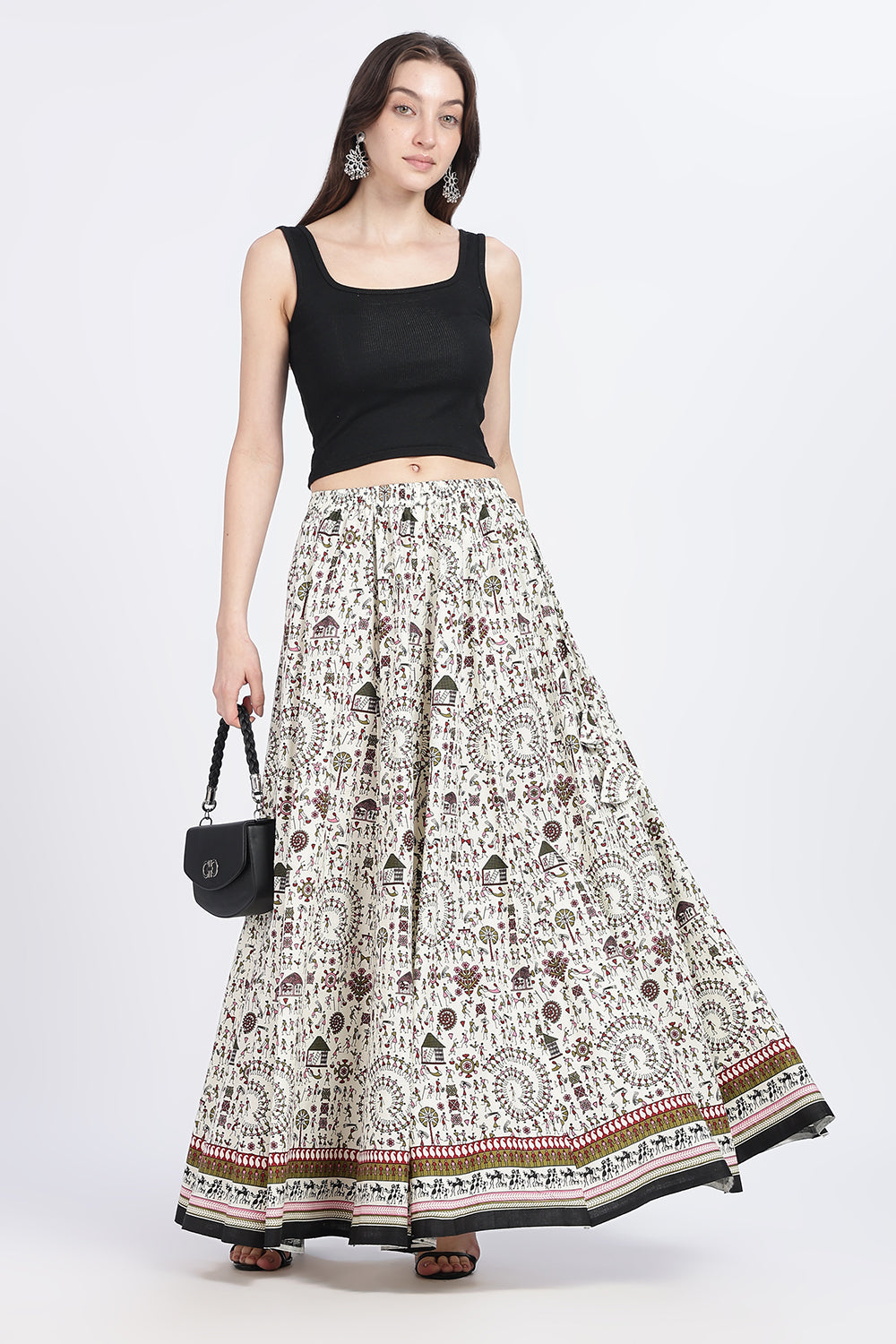 Mythri Women’s Cotton Blend Long Skirt with Tassels | Jaipur Print, Elastic Waist, Flared Fit - Yellow Print - SK10