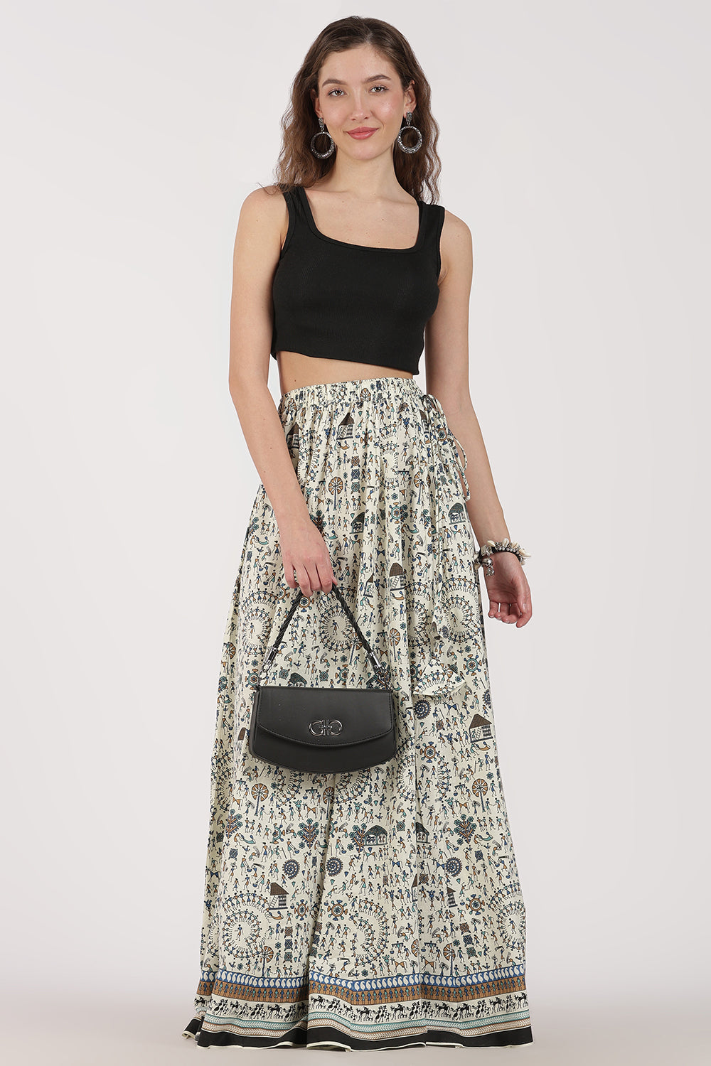 Mythri Women’s Cotton Blend Long Skirt with Tassels | Jaipur Print, Elastic Waist, Flared Fit - Blue Print - SK10