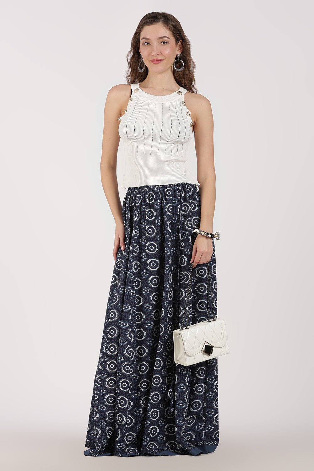 Mythri Women’s Cotton Blend Long Skirt with Tassels | Jaipur Print, Elastic Waist, Flared Fit - Blue - SK10