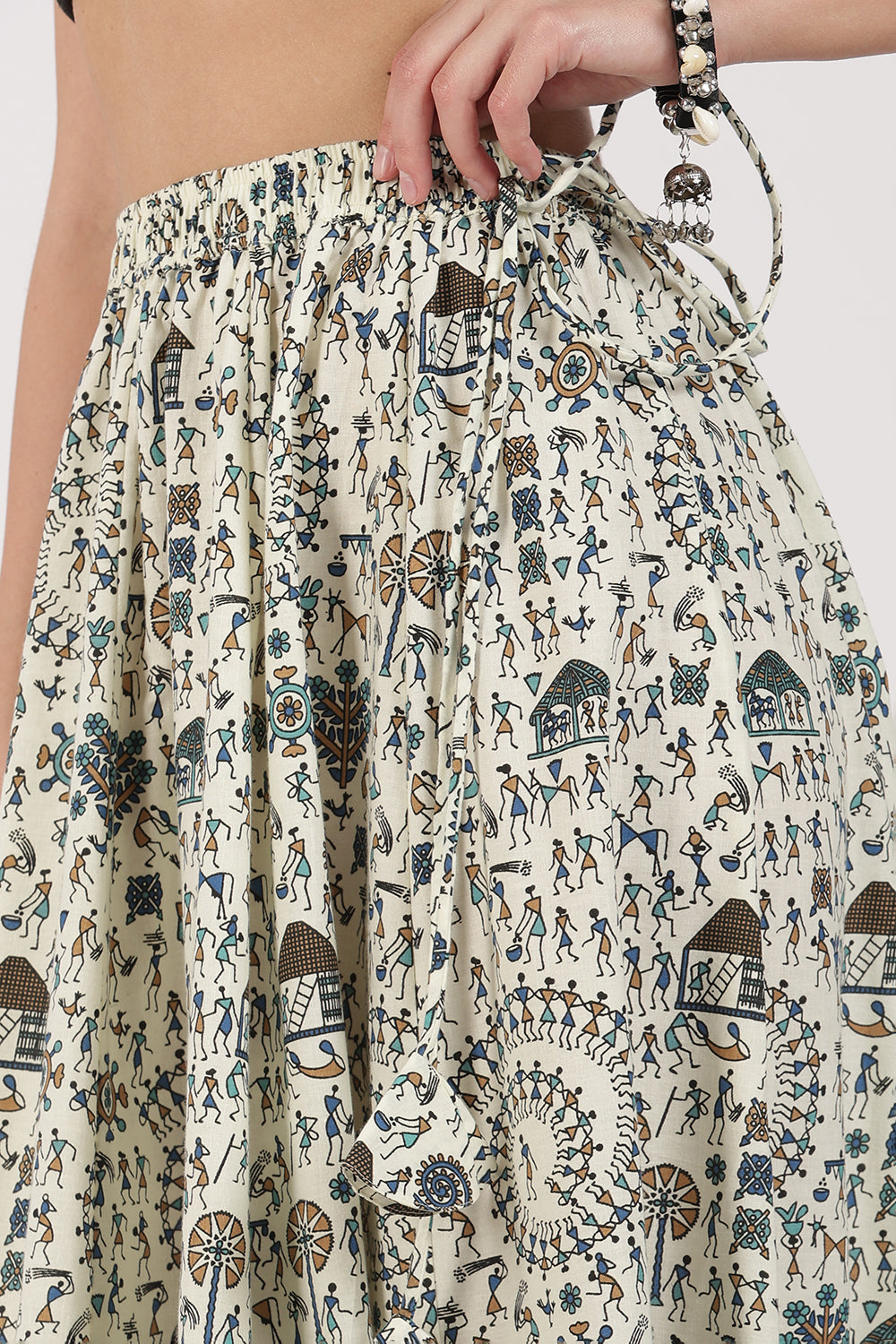 Mythri Women’s Cotton Blend Long Skirt with Tassels | Jaipur Print, Elastic Waist, Flared Fit - Blue Print - SK10