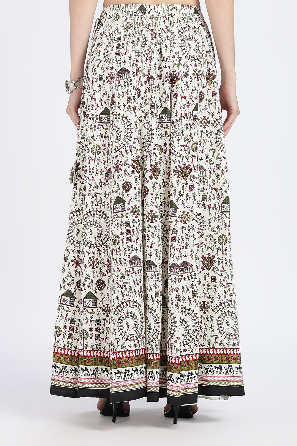 Mythri Women’s Cotton Blend Long Skirt with Tassels | Jaipur Print, Elastic Waist, Flared Fit - Yellow Print - SK10