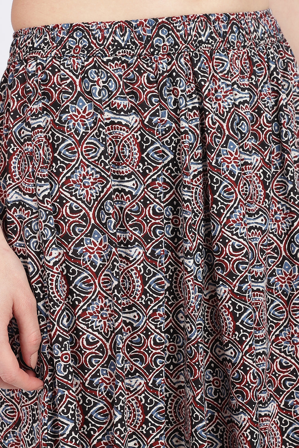 Mythri Women’s Full-Length Cotton Blend Kali Skirt | Elastic Waist, Jaipur Print, Flared Fit - Black 2 - SK05