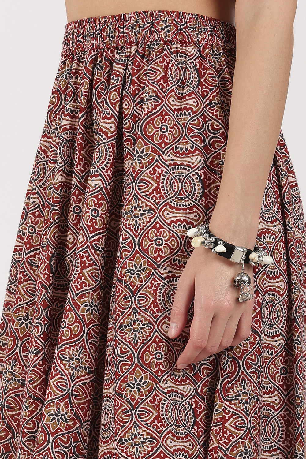 Mythri Women’s Full-Length Cotton Blend Kali Skirt | Elastic Waist, Jaipur Print, Flared Fit - Red 2 - SK05