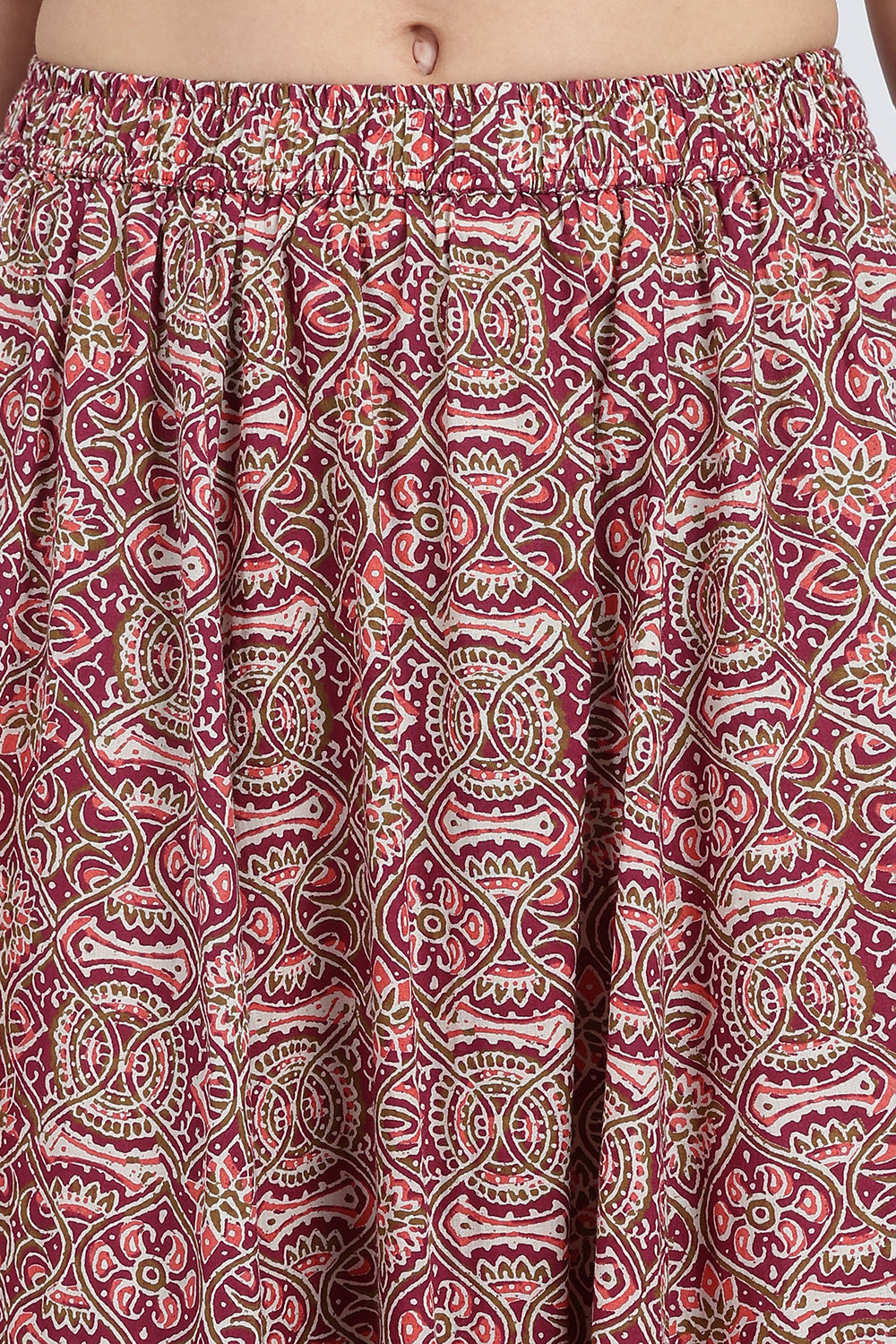Mythri Women’s Full-Length Cotton Blend Kali Skirt | Elastic Waist, Jaipur Print, Flared Fit - Dark Pink - SK05