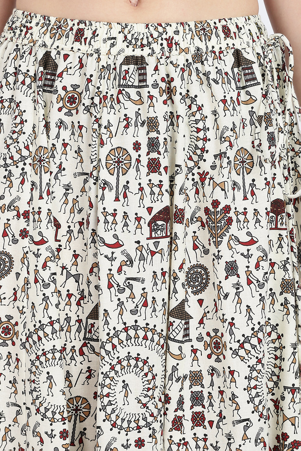 Mythri Women’s Cotton Blend Long Skirt with Tassels | Jaipur Print, Elastic Waist, Flared Fit - Red Print - SK10