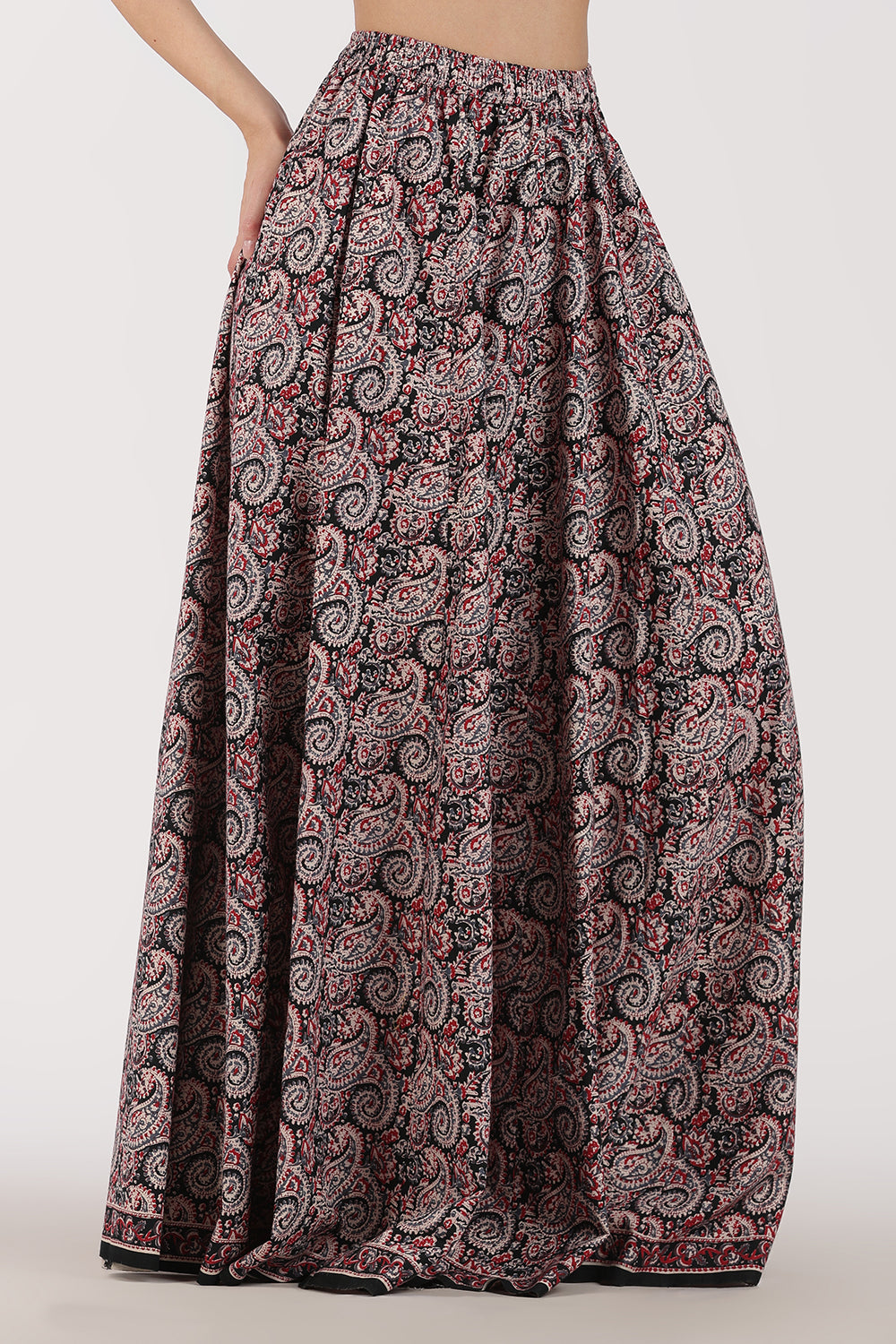 Mythri Women’s Full-Length Cotton Blend Kali Skirt | Elastic Waist, Jaipur Print, Flared Fit - Black - SK05