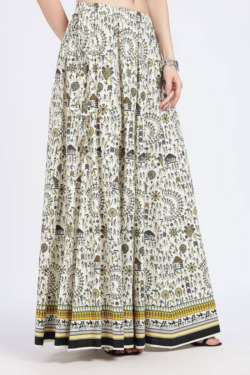 Mythri Women’s Cotton Blend Long Skirt with Tassels | Jaipur Print, Elastic Waist, Flared Fit - Pink Print - SK10