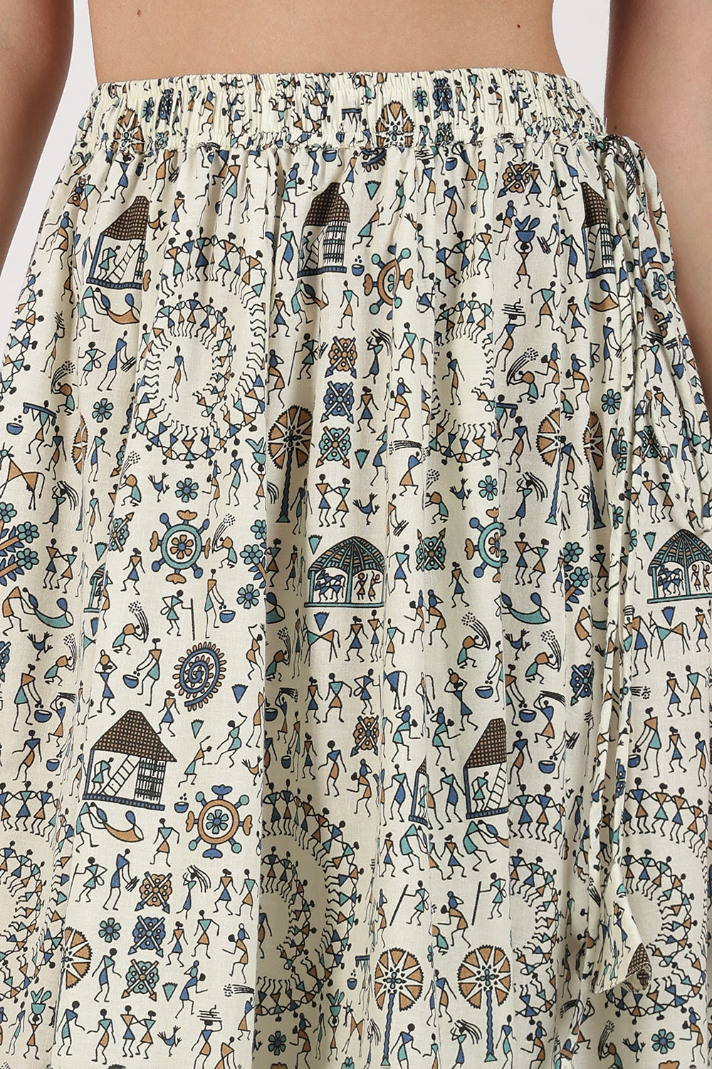 Mythri Women’s Cotton Blend Long Skirt with Tassels | Jaipur Print, Elastic Waist, Flared Fit - Blue Print - SK10