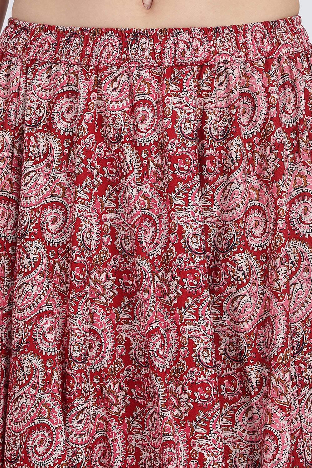 Mythri Women’s Full-Length Cotton Blend Kali Skirt | Elastic Waist, Jaipur Print, Flared Fit - Red - SK05