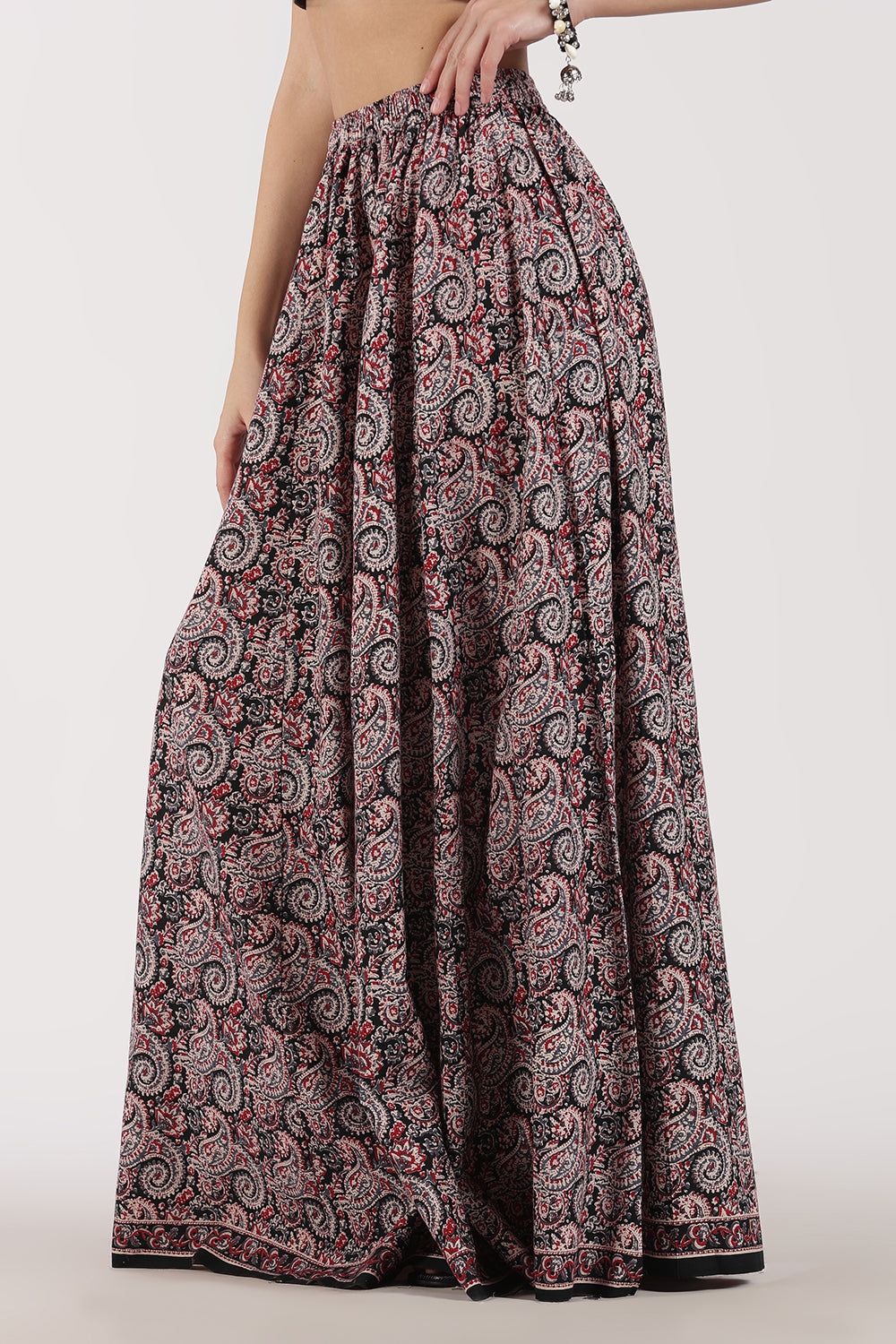 Mythri Women’s Full-Length Cotton Blend Kali Skirt | Elastic Waist, Jaipur Print, Flared Fit - Black - SK05