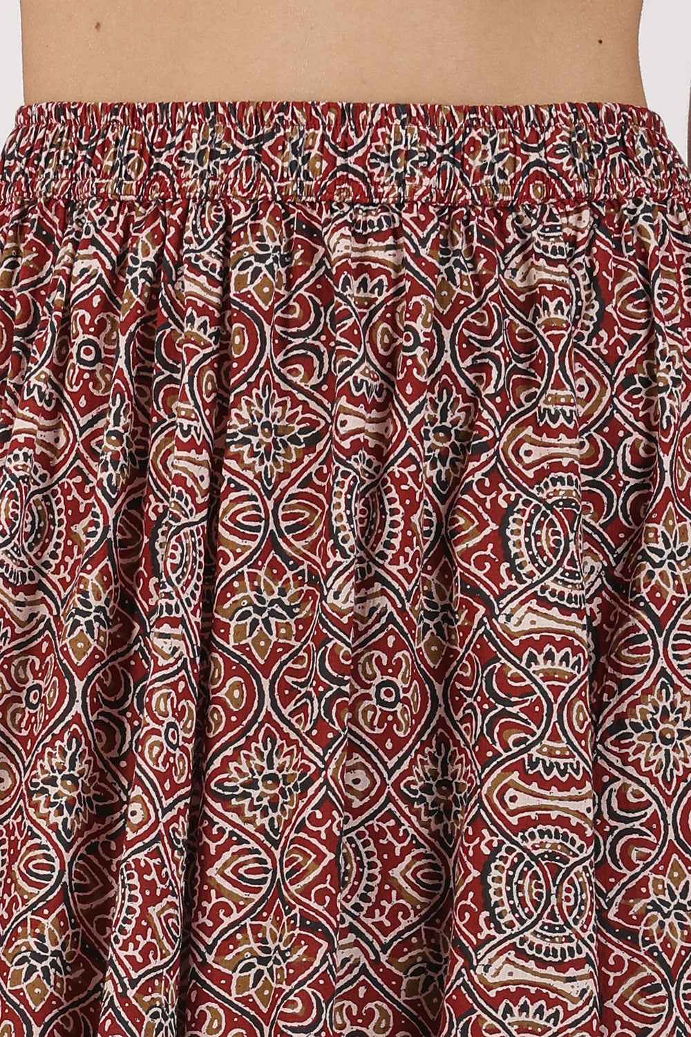 Mythri Women’s Full-Length Cotton Blend Kali Skirt | Elastic Waist, Jaipur Print, Flared Fit - Red 2 - SK05