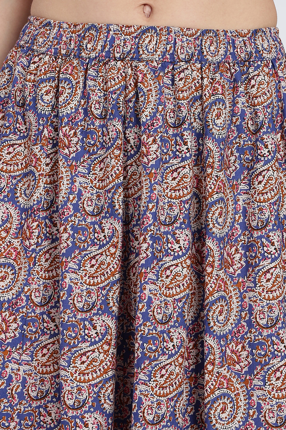 Mythri Women’s Full-Length Cotton Blend Kali Skirt | Elastic Waist, Jaipur Print, Flared Fit - Blue - SK05