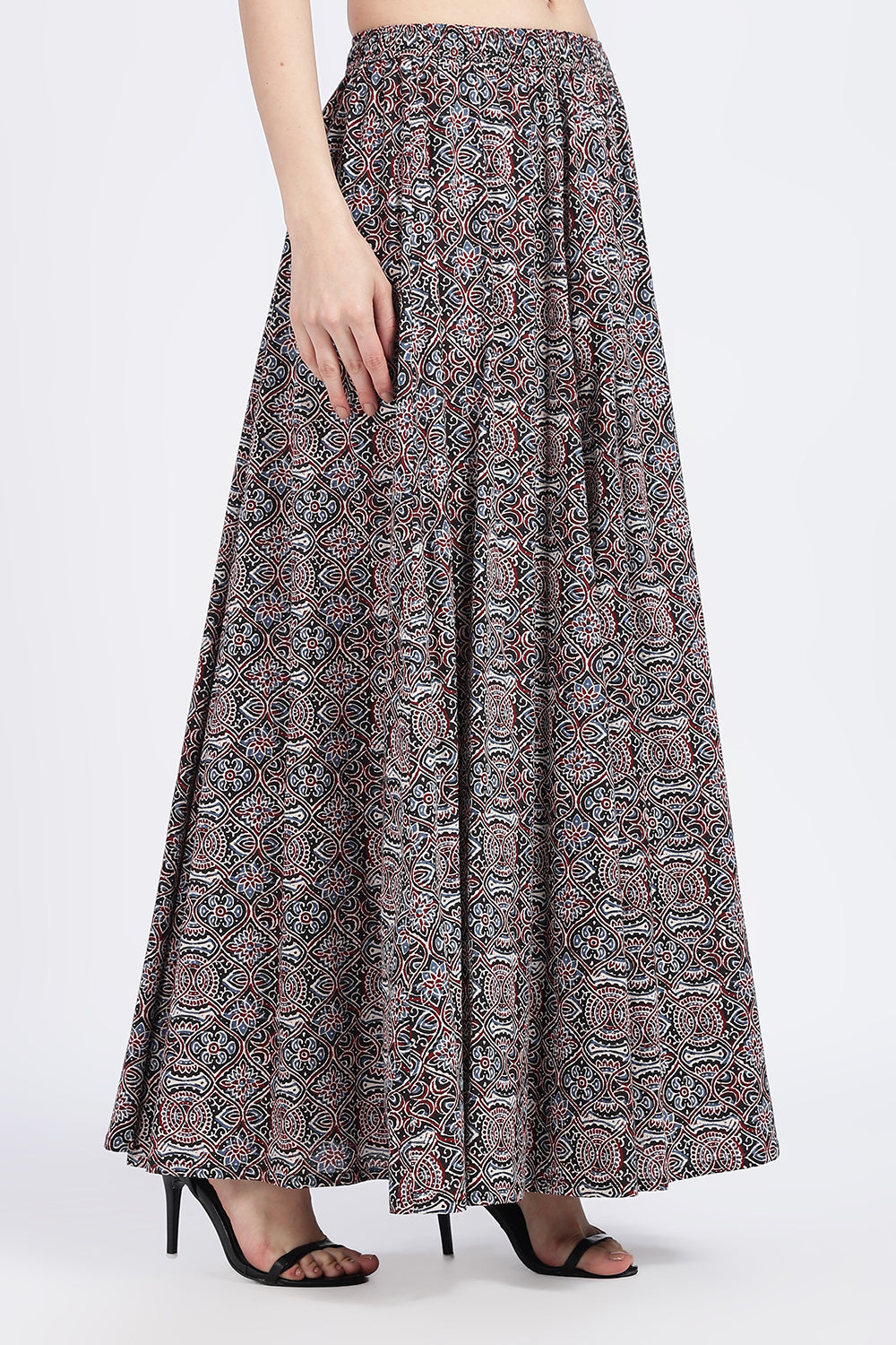 Mythri Women’s Full-Length Cotton Blend Kali Skirt | Elastic Waist, Jaipur Print, Flared Fit - Black 2 - SK05