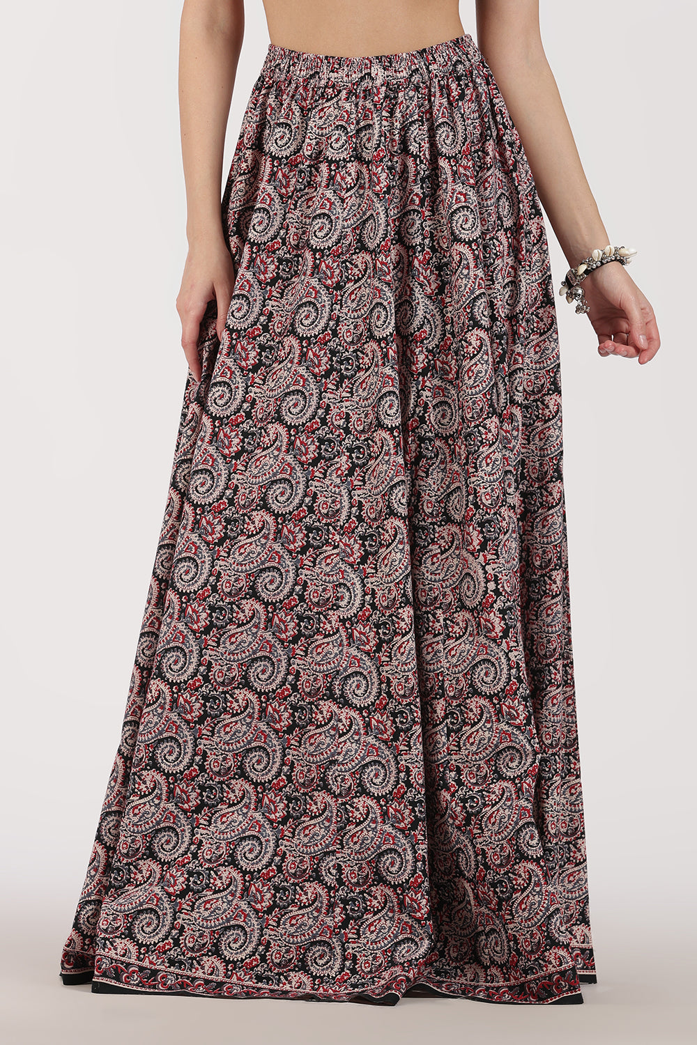 Mythri Women’s Full-Length Cotton Blend Kali Skirt | Elastic Waist, Jaipur Print, Flared Fit - Black - SK05