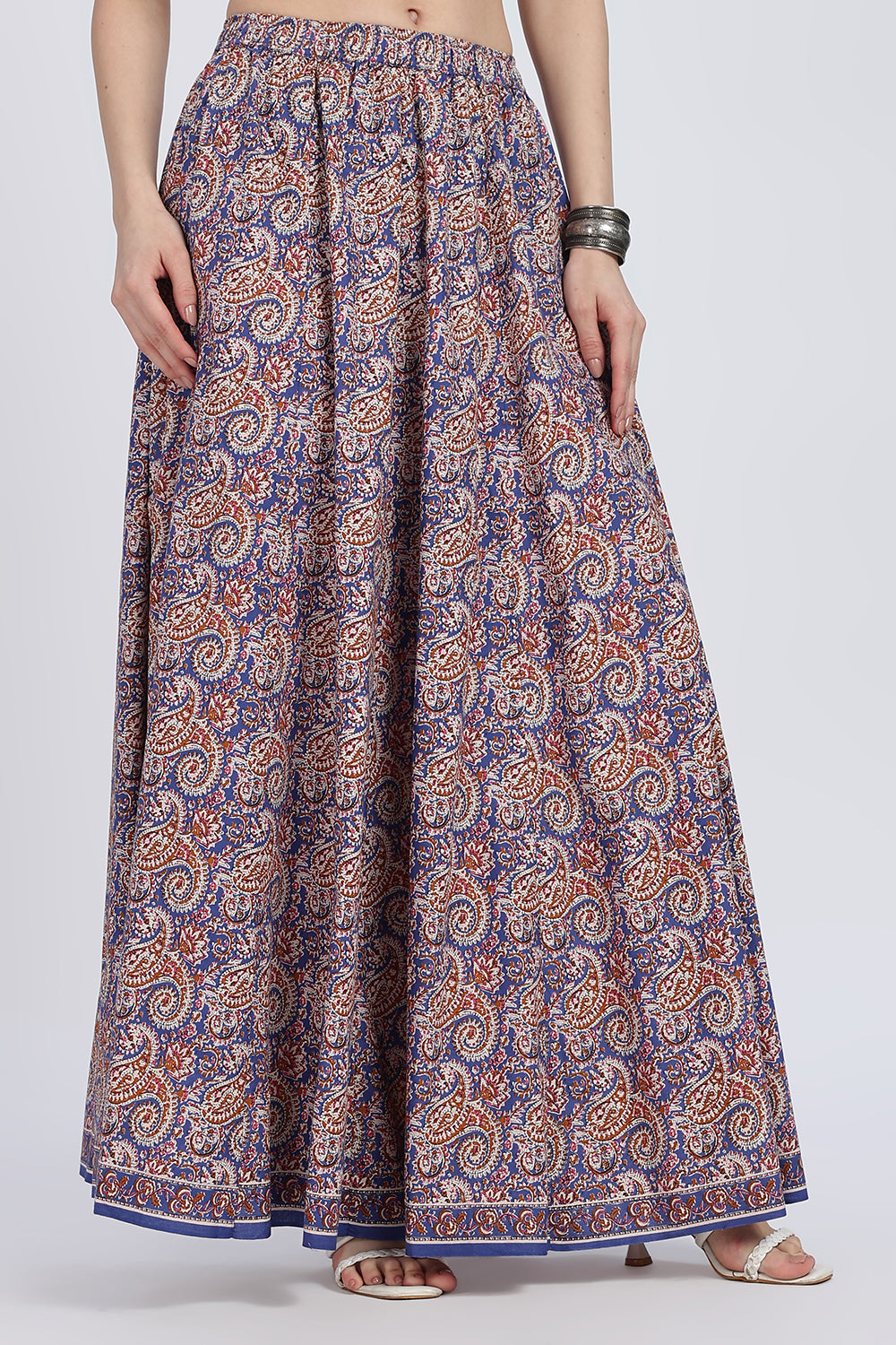 Mythri Women’s Full-Length Cotton Blend Kali Skirt | Elastic Waist, Jaipur Print, Flared Fit - Blue - SK05