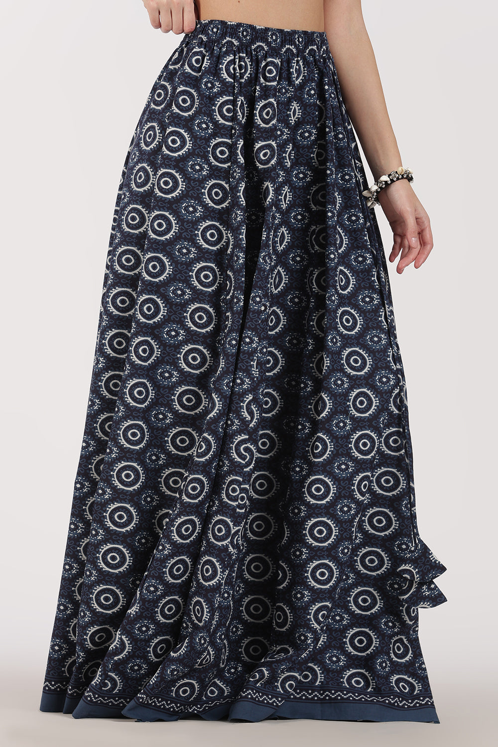 Mythri Women’s Cotton Blend Long Skirt with Tassels | Jaipur Print, Elastic Waist, Flared Fit - Blue - SK10