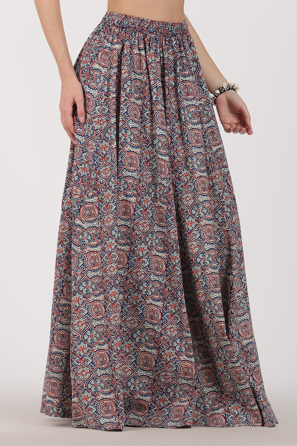 Mythri Women’s Full-Length Cotton Blend Kali Skirt | Elastic Waist, Jaipur Print, Flared Fit - Blue 2 - SK05
