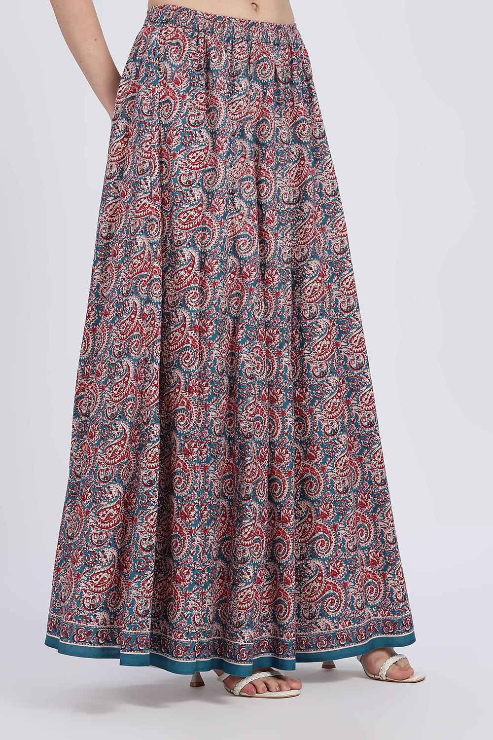 Mythri Women’s Full-Length Cotton Blend Kali Skirt | Elastic Waist, Jaipur Print, Flared Fit - Teal Green - SK05