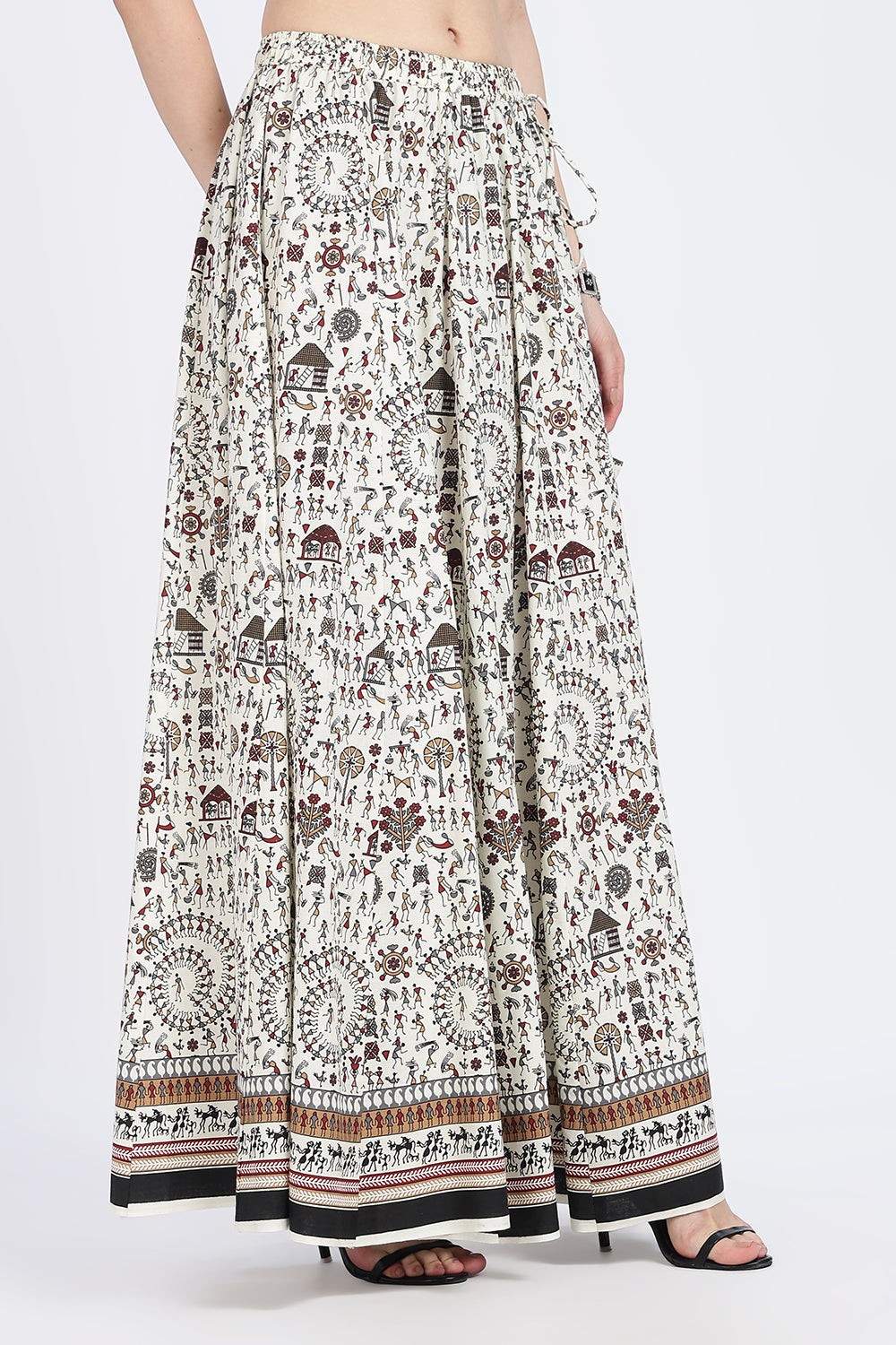 Mythri Women’s Cotton Blend Long Skirt with Tassels | Jaipur Print, Elastic Waist, Flared Fit - Red Print - SK10