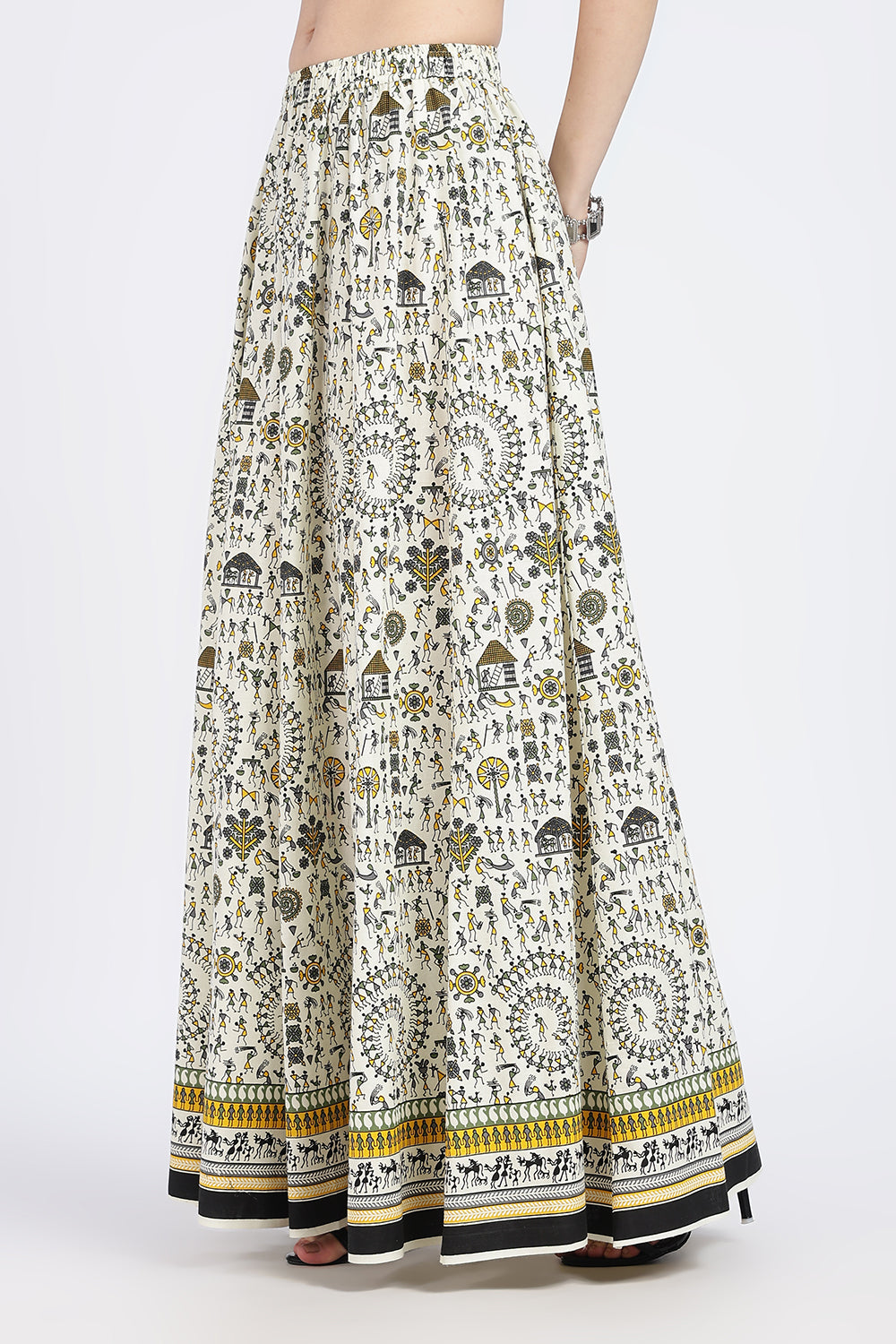 Mythri Women’s Cotton Blend Long Skirt with Tassels | Jaipur Print, Elastic Waist, Flared Fit - Pink Print - SK10