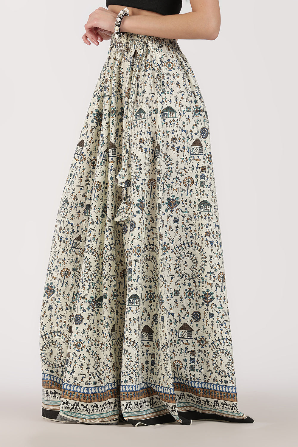 Mythri Women’s Cotton Blend Long Skirt with Tassels | Jaipur Print, Elastic Waist, Flared Fit - Blue Print - SK10