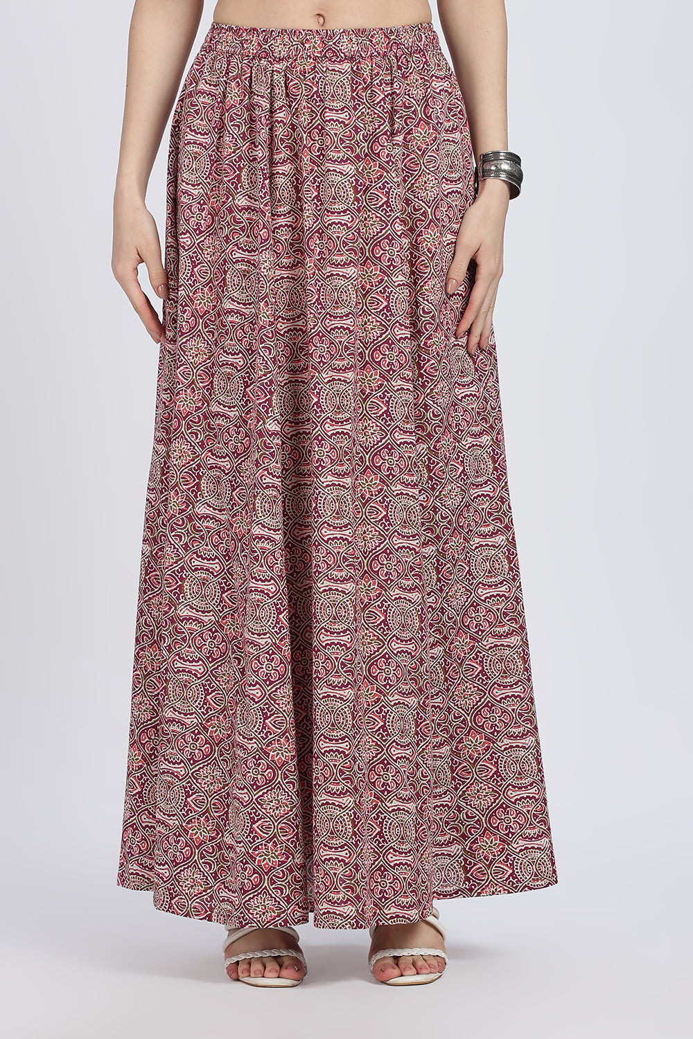 Mythri Women’s Full-Length Cotton Blend Kali Skirt | Elastic Waist, Jaipur Print, Flared Fit - Dark Pink - SK05