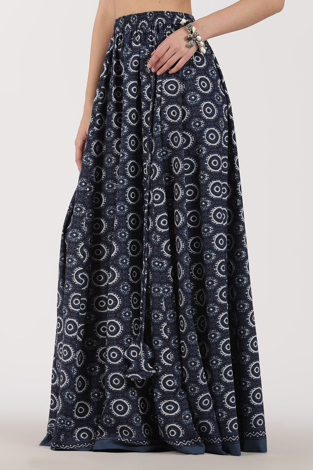 Mythri Women’s Cotton Blend Long Skirt with Tassels | Jaipur Print, Elastic Waist, Flared Fit - Blue - SK10
