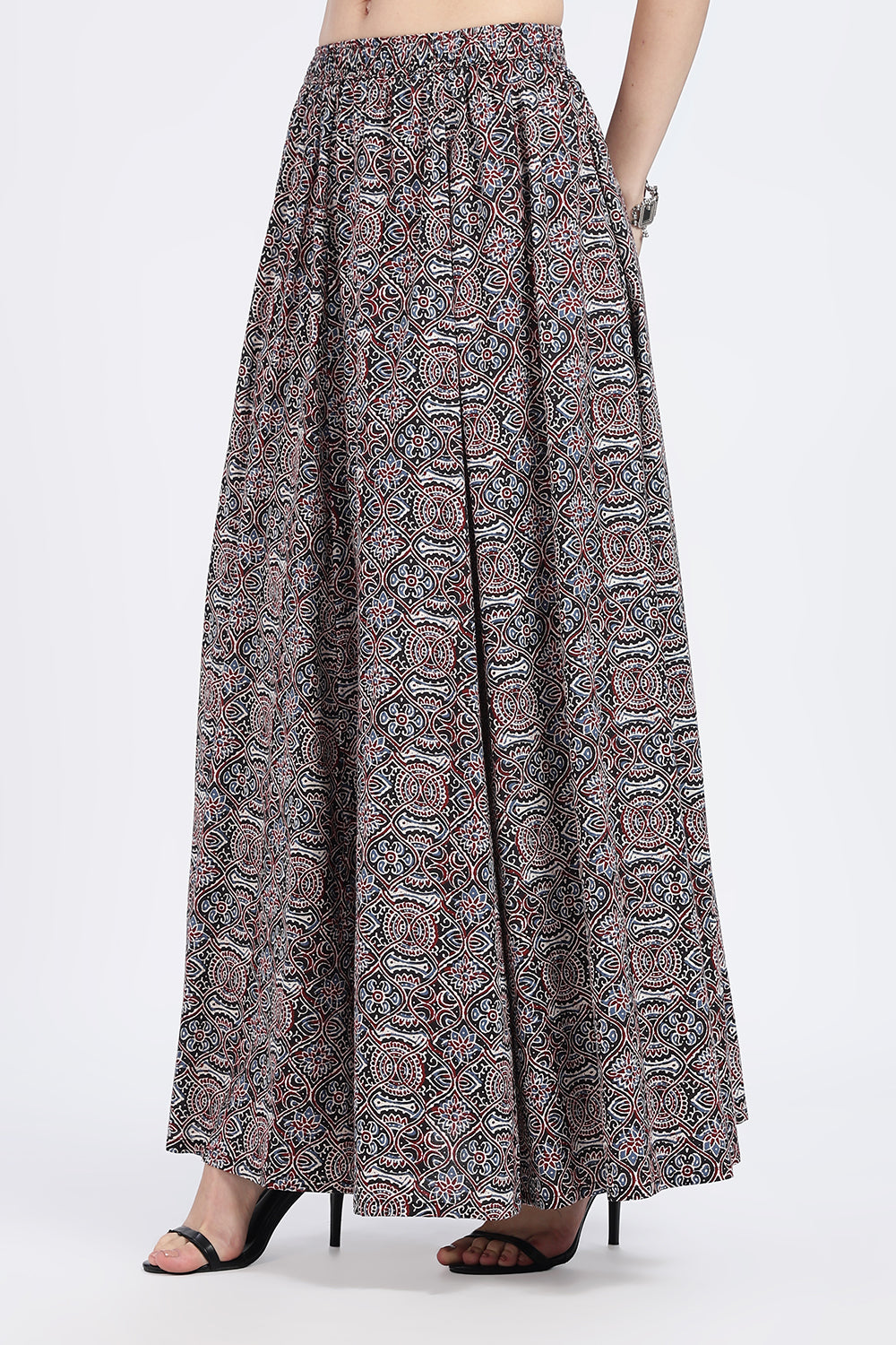 Mythri Women’s Full-Length Cotton Blend Kali Skirt | Elastic Waist, Jaipur Print, Flared Fit - Black 2 - SK05