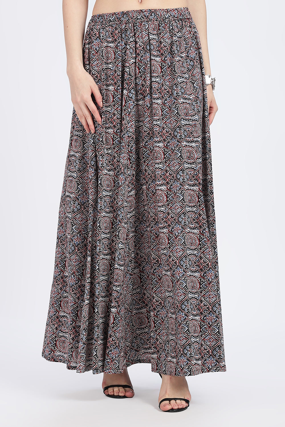 Mythri Women’s Full-Length Cotton Blend Kali Skirt | Elastic Waist, Jaipur Print, Flared Fit - Black 2 - SK05