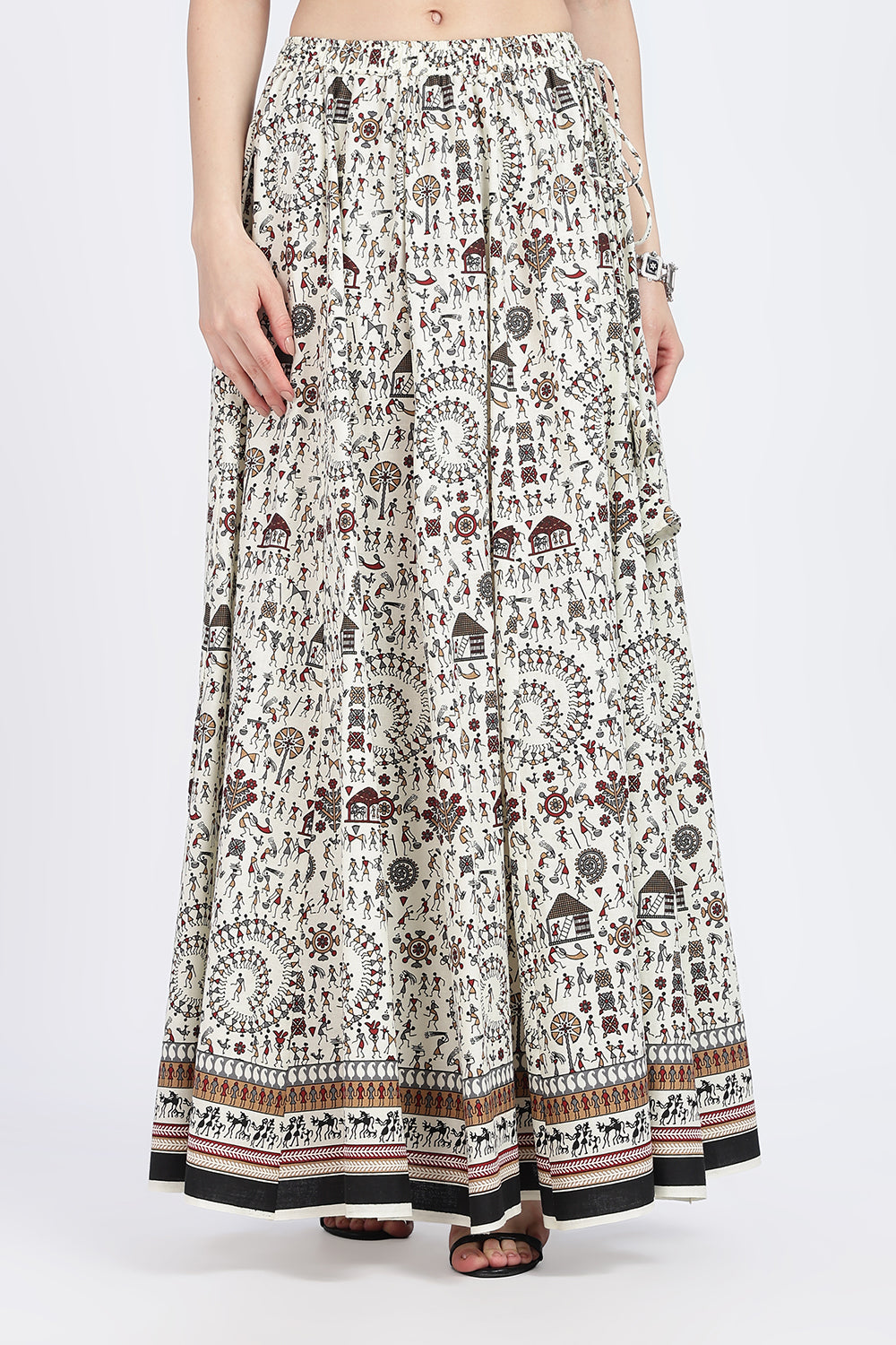 Mythri Women’s Cotton Blend Long Skirt with Tassels | Jaipur Print, Elastic Waist, Flared Fit - Red Print - SK10